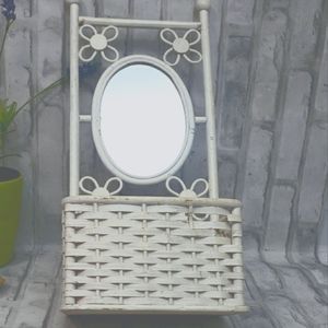 Vintage Shabby White Wicker Oval Mirror with Basket